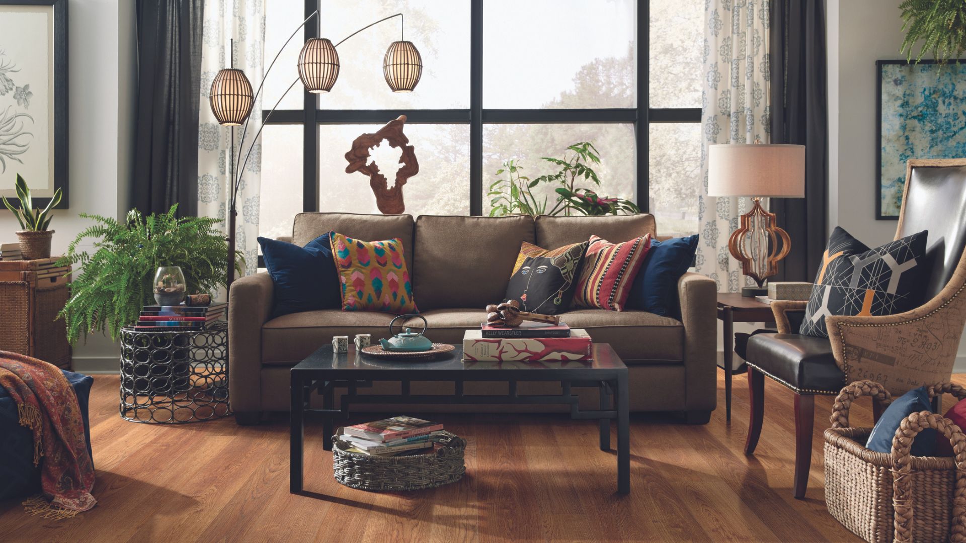 Laminate wood flooring in a bohemian-style living room.